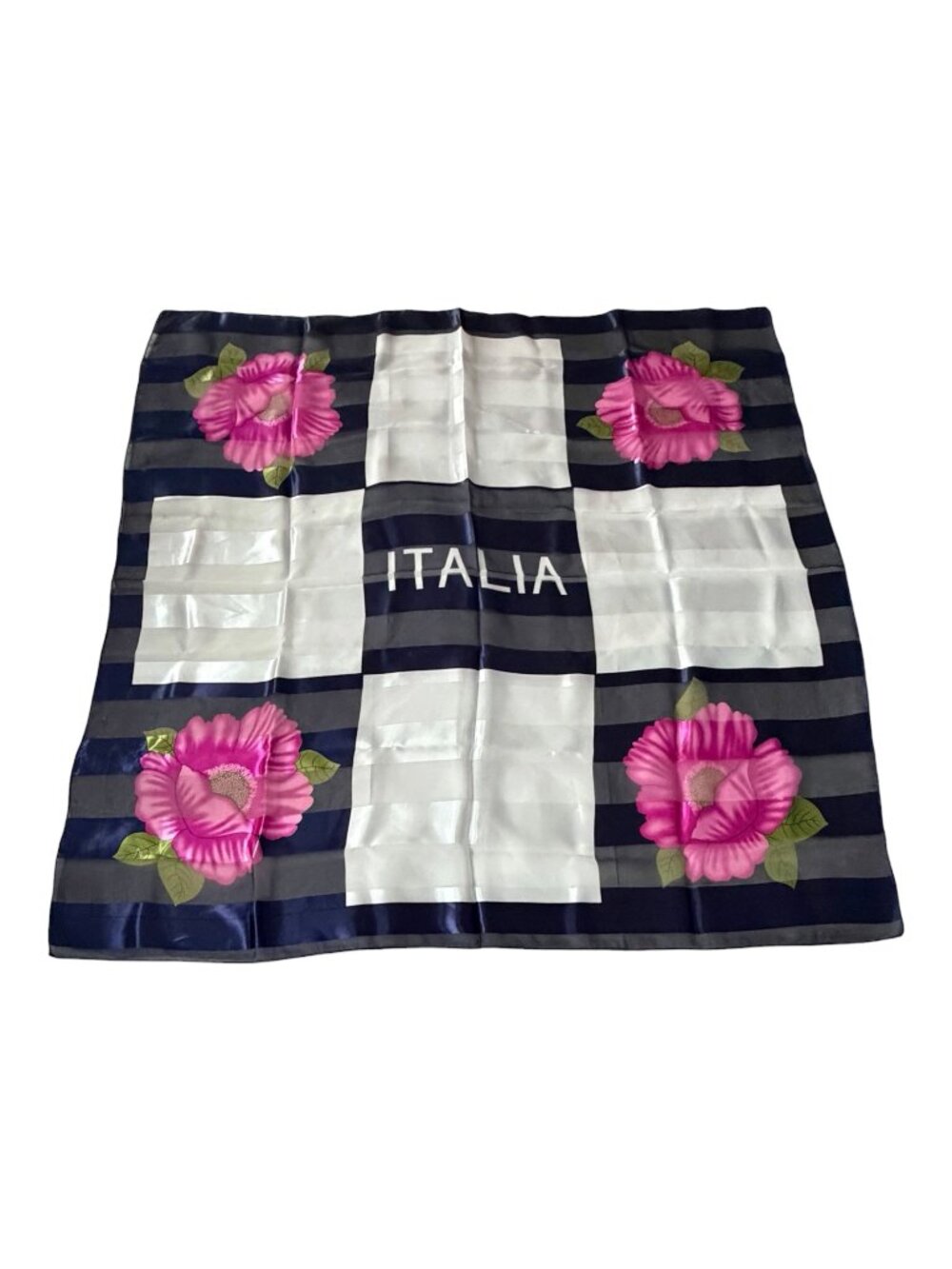 Vintage Italia Floral Satin Scarf 40 Inch Square Navy Pink Italian Souvenir
